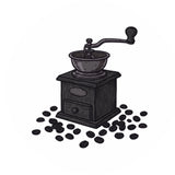 Illustration einer Kaffeemühle mit Kaffeebohnen