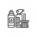 Illustration von Reinigungsmitteln, Icon für Flasche, Sprühflasche und Bürste