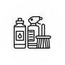 Illustration von Reinigungsmitteln, Icon für Flasche, Sprühflasche und Bürste