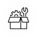 Illustration eines Kartons mit Zahnrad und Schraubenschlüssel, Icon für Zubehör