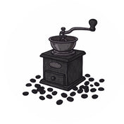 Illustration einer Kaffeemühle mit Kaffeebohnen